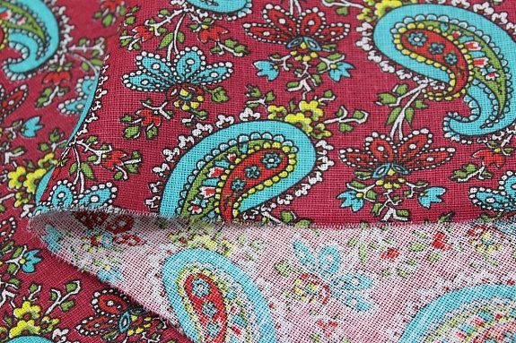 Бязь "Бирюзовые огурчики на винтажно-бордовом", ш.1.5м, хлопок-100%, 120гр/м.кв