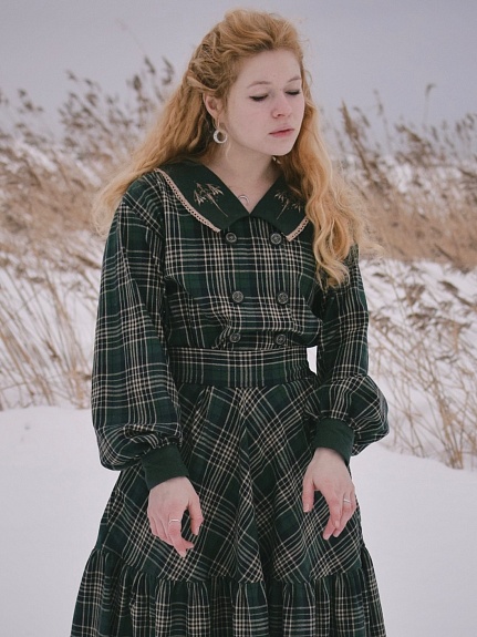 Платье из  Фуле "Клетка" в цвете т.кедр/бежевый