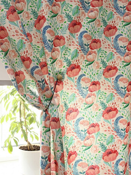 Полулен "Цветущие маки" (на т.суровом), ш.1.5м, лен-30%, хлопок-70%, 147гр/м.кв