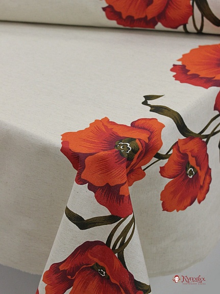 Полулен "Крупные маки по кайме" (на т.суровом), ш.1.5м, хлопок-70%, лен-30%, 140гр/м.кв