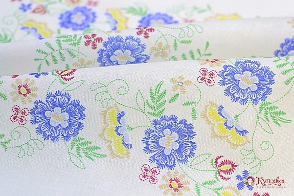 Ситец Крой носовых платков "Вышитые платочки" цв.синий, ш.1,35м, хл-100%, 85гр/м.кв, раппорт 33см