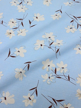 Хлопколен "Легкие белые цветы на голубом с бирюзовым оттенком", ш.1.5м, хлопок-80%, лен-20%