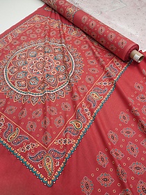 Поплин Барановский платок "Маргарита" с узорным купоном, цв.красный, ш.1.5м, хл-100%, раппорт 100см
