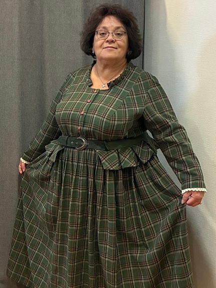 Платье из фуле "Клетка" цв.темно-эвкалиптовый/коричневый