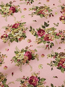 Хлопколен "Чайная роза на винтажно-розовом", ш.1.5м, лен-20%, хлопок-80%, 120гр/м.кв