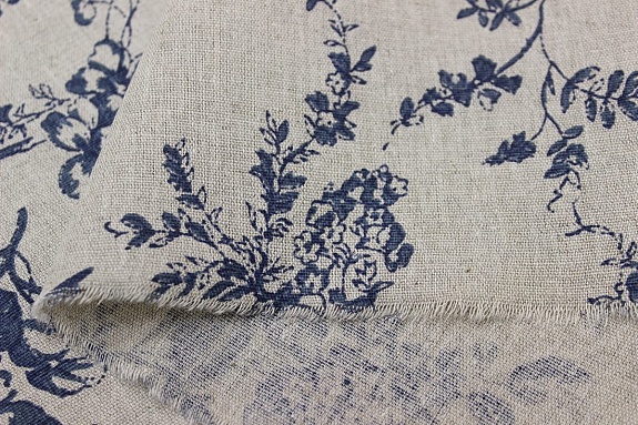 Полулен "Райские птицы" цв.джинс (на суровом), ш.2.2м, лен-30%, хлопок-70%, 150гр/м.кв