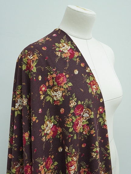 Хлопколен "Чайная роза на т.каштаново-коричневом", ш.1.46м, лен-20%, хлопок-80%, 140гр/м.кв