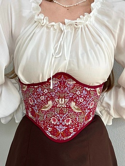 Корсет из интерьерного хлопка "Райские птички" цвет бордово-красный