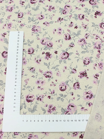 Полулен "Миленькие розово-сиреневые розочки" (на суровом), ш.2.2м, лен-30%, хлопок-70%