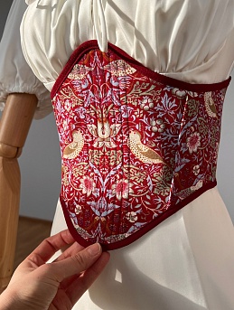 Корсет из интерьерного хлопка "Райские птички" цвет бордово-красный