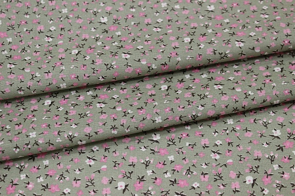 Ситец "Розовые мелкие цветочки на винтажно-эвкалиптовом", ш.0.8м, хлопок-100%, 85гр/м.кв