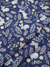 Бязь "Зайчата на лугу" цв.чернильно-синий, СОРТ2, ш.1.5м, хлопок-100%, 110гр/м.кв