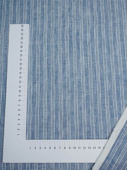Лен сорочечный с умягчением"Тройная белая полоска" цв.джинсовый, ш.1.5м, лен-100%, 125гр/м.кв