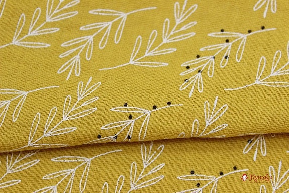 Мерный лоскут(ткань в отрезах) - Муслин двухслойный с эф.жатости "Веточки" цв.винтажно-горчичный