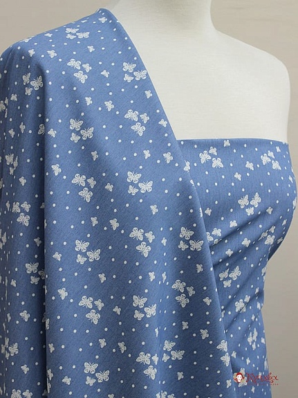 Джинсовая ткань "Бабочки с горошком на голубой джинсе", ш.1.47м, хлопок-85%,п/э-15%, 140гр/м.кв