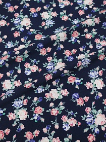 Штапель Премиум "Винтажные букетики из роз на черно-синем", 1.45м, вискоза-100%, 110гр/м.кв