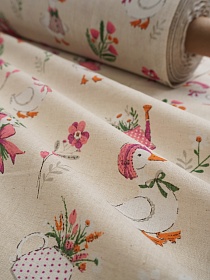 Полулен "Гуси - прованс" (на суровом) цв.розовый, ш.1.5м, лен-30%, хлопок-70%, 140гр/м.кв