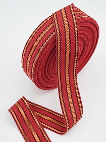 Лента тканая для поясов, 38мм Черно-желтая строчка на красном