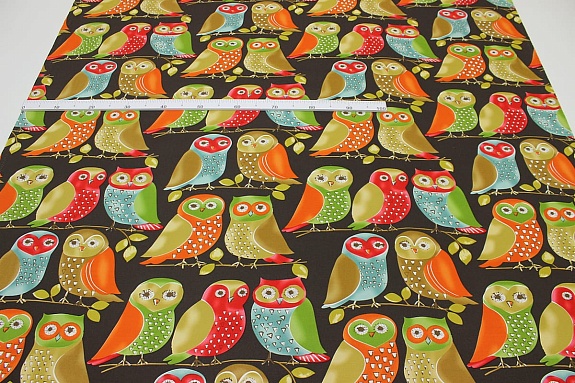 Интерьерный хлопок "Сувенирные совы" цв.темный шоколад, ш.1.5м, хлопок-100%, 250гр/м.кв