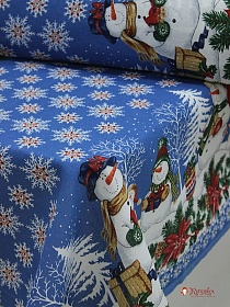 Рогожка "Снеговики со снежинками" цв.винтажно-синий, ш.1.5м, хлопок-100%, 160гр/м.кв