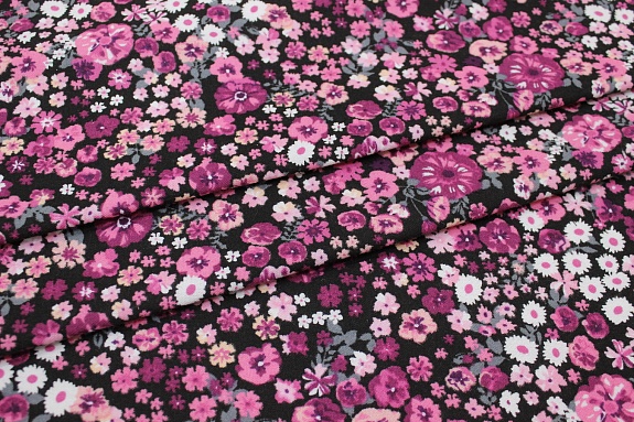 Фланель "Мелони (розовые/т.лиловые цветы на черном)", ш.1.5м, хлопок-100%, 180гр/м.кв