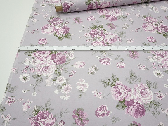Сатин "Сливовые розы на сиреневой дымке", ГОСТ, ш.2.2м, хл-100%, 130гр/м.кв