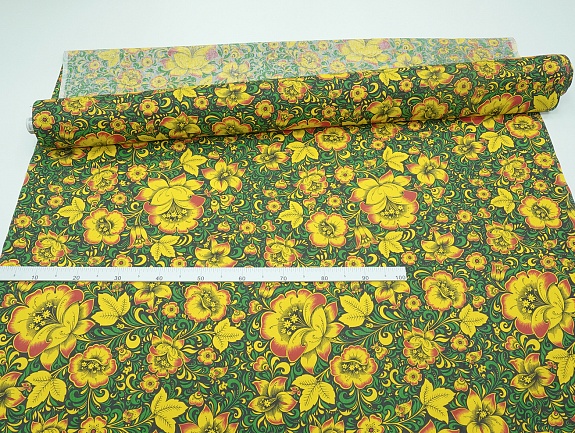 Бязь "Черно-желтая хохлома с зеленым", СОРТ2, ш.1.5м, хлопок-100%, 120гр/м.кв