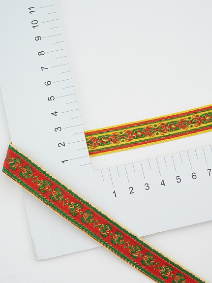 Жак.лента 18мм Красно-зеленый орнамент на желтом, рис.9047