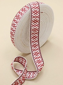 Лента тканая для поясов, 38мм Красный орнамент на белом (черная строчка)