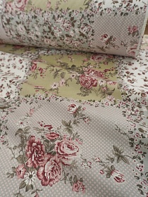 Бязь "Крупный пэчворк - цветочные узоры" цв.бежево-оливковый/коричневый, ш.2.2м, хл-100%, 142гр/м.кв