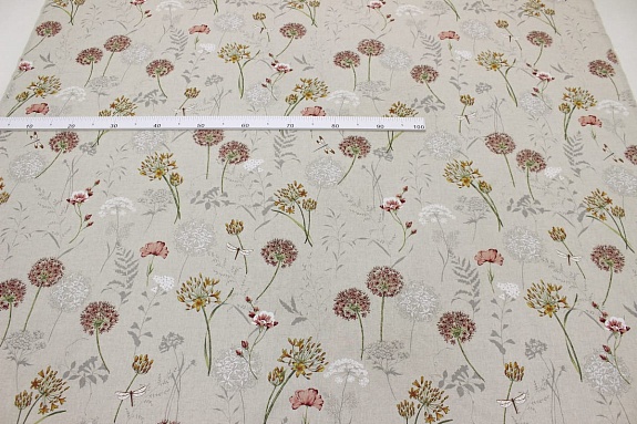 Полулен "Черемша - горчичные цветы" (на суровом), ш.1.5м, лен-30%, хлопок-70%, 140гр/м.кв