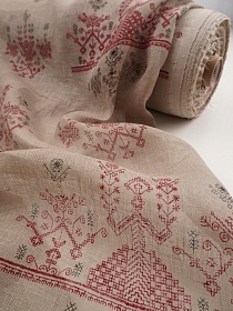 Льняная сетка "Макошь под набойку" цв.натуральный/бордовый, ш.1.15м, лен-100%, 100гр/м.кв