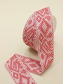 Жак.лента 68мм Алый славянский орнамент на бело-розовом