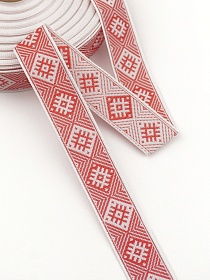 Жак.лента 24мм Красный славянский орнамент на белом, рис.9664/1