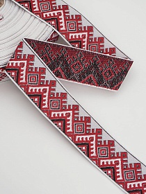 Жак.лента 32мм Славянский красно-черный орнамент оберег на белом