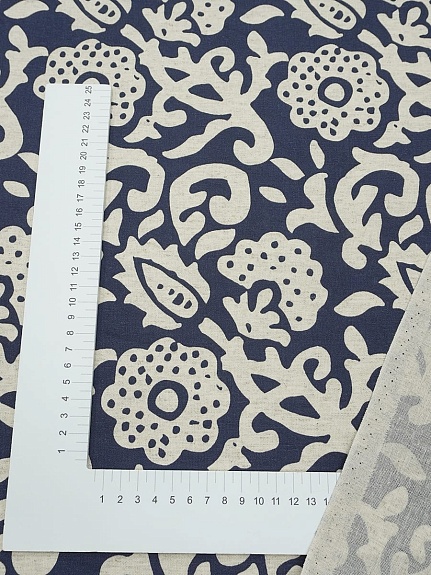 Полулен "Лунный цветок" цв.синий (на суровом), ш.1.5м, лен-30%, хлопок-70%, 147гр/м.кв