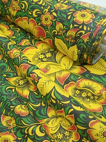 Бязь "Черно-желтая хохлома с зеленым", ш.1.5м, хлопок-100%, 120гр/м.кв