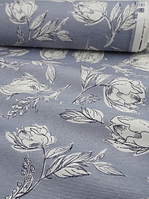 Ткань Дак "Белые цветы на джинсовом", ш.1.8м, хлопок-65%, п/э-35%, 205гр/м.кв