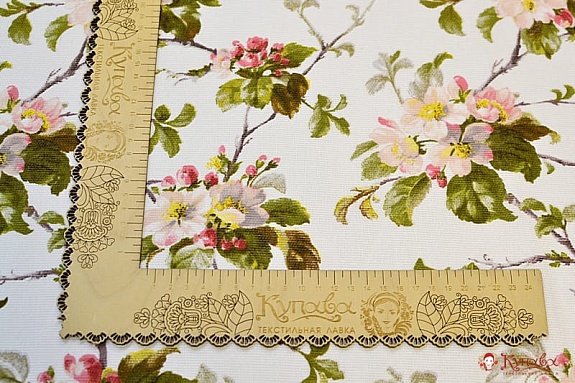 Мерный лоскут (ткань в отрезах) - Рогожка "Яблоневый цвет на белом", ш.1.5м, хлопок-100%, 165гр/м.кв