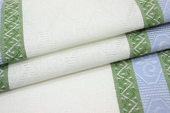 Холст полотенечный жаккард "Ромбы на белом с каймой" цв.голубой/зеленый, ш.0.5м, лен-30%, хл-70%
