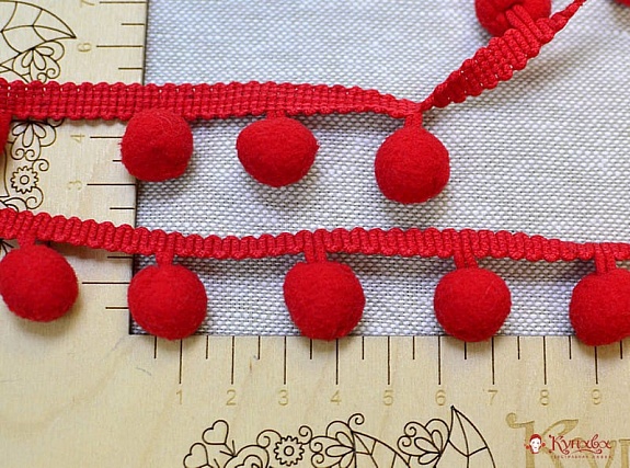 Тесьма "Помпоны" цв.насыщенный красный, шир.тесьмы без помпона-10мм; помпон Ø-15мм, п/э-100%