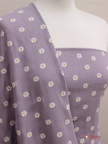 Муслин двухслойный с эф.жатости "Ромашки" цв.серо-лиловый, ш.1.4м, хлопок-100%, 115гр/м.кв