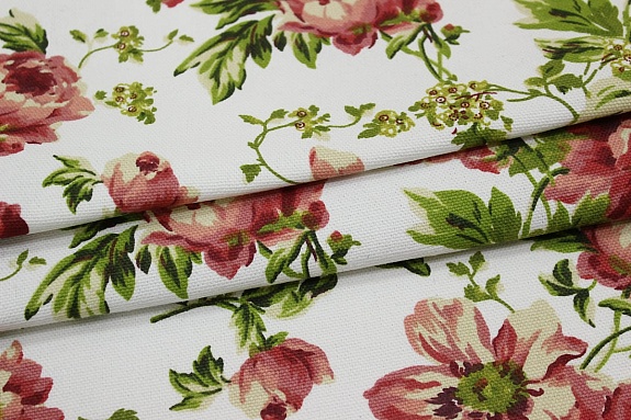 Ткань интерьерная "Бордовые пионы на белом", ш.1.48м, хл-80%, п/э-20%, 265гр/м.кв
