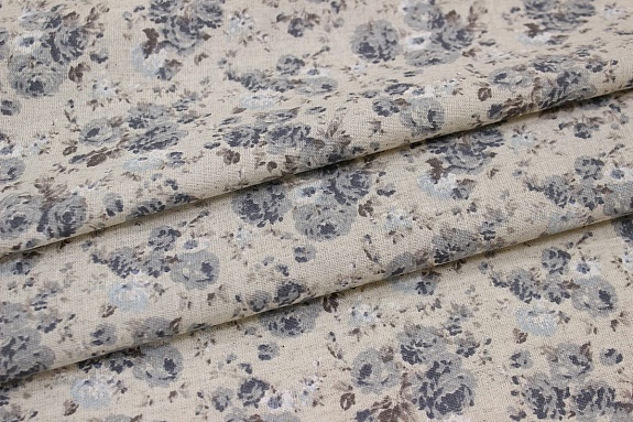 Полулен "Серо-голубые розочки" (на суровом), ш.1.5м, хлопок-70%, лен-30%, 140гр/м.кв