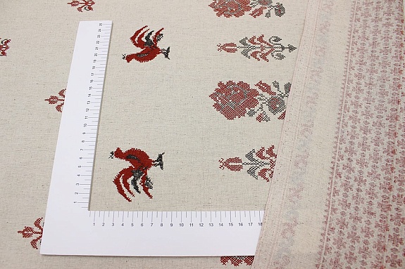 Полулен "Вышивка петушки на суровом с каймой", ш.1.5м, хлопок-70%, лен-30%, 140гр/м.кв