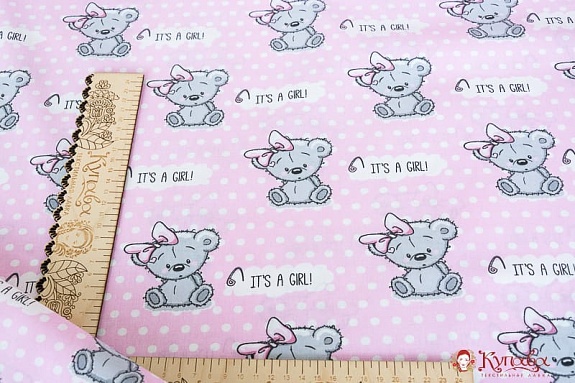 Поплин "Мишутки- девчата на розовом в белый горох", СОРТ2, ш.1.5м, хлопок-100%, 110гр/м.кв