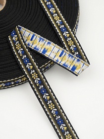 Жак.лента 18мм Желтые/синие цветы (белые листочки) на черном, рис.8749/7