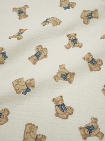 Муслин двухслойный с эф.жатости "Мишутка - синий бантик" цв.кремовый, СОРТ2, ш.1.4м, хл-100%