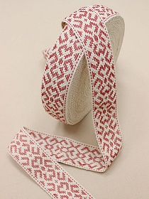 Лента тканая для поясов, 50мм Красный орнамент на суровом, рис.9478