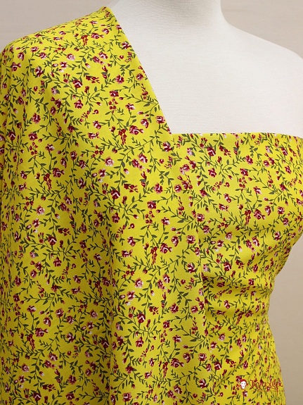 Штапель "Бордовые цветочки на желтом", ш.1.45м, вискоза-100%, 100гр/м.кв